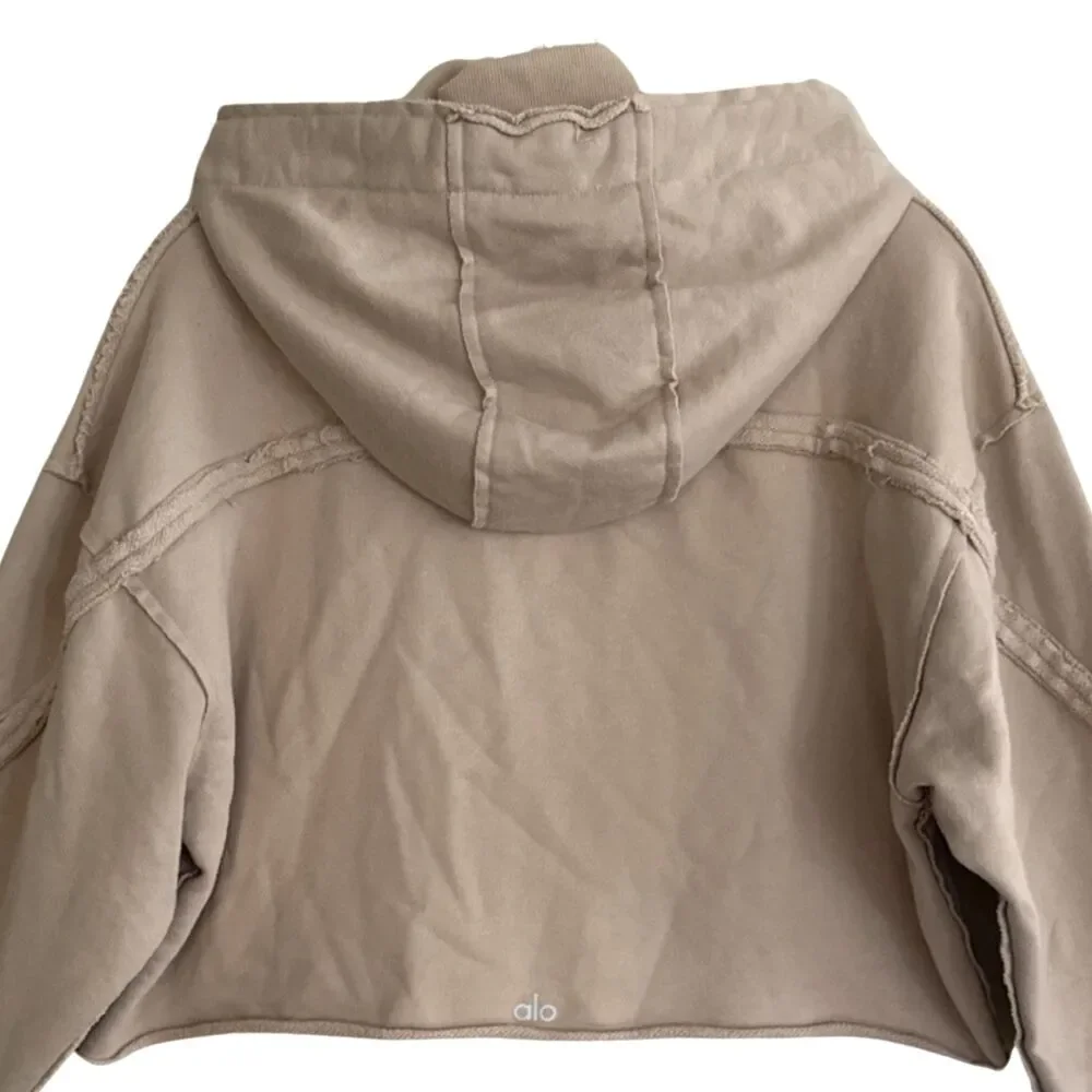 Alo Yoga Effortless Cropped Hoodie Womens Sz M Taupe Cotton Blend Raw Edge